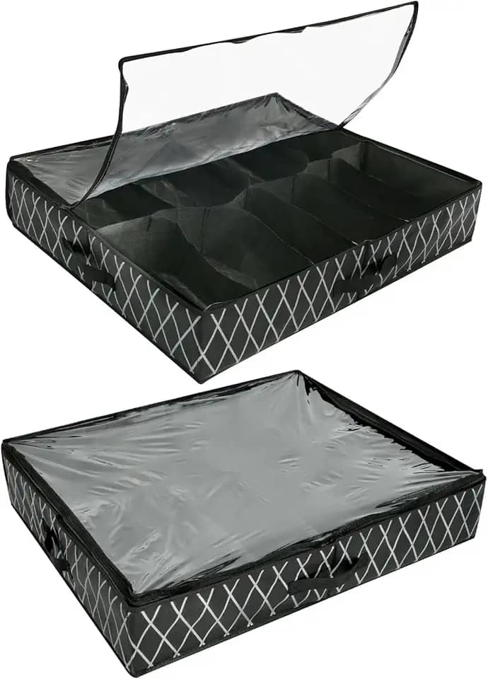 QENWKXZ Pacote com 2 organizadores de armazenamento de sapatos sob a cama para armário, caixa de sapatos embaixo da cama, compartimentos ajustáveis, roupa de cama de armazenamento sob a cama com alças