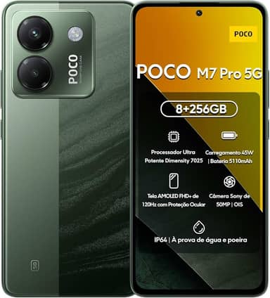 Xiaomi Smartphone POCO M7 Pro 5G 256GB | 8GB/12GB RAM | Processador Ultra Potente Dimensity 7025 | Tela AMOLED FHD+ 120Hz com Proteção Ocular | Bateria 5110mAh com 45W Turbo Charge (Verde, 8+256GB)