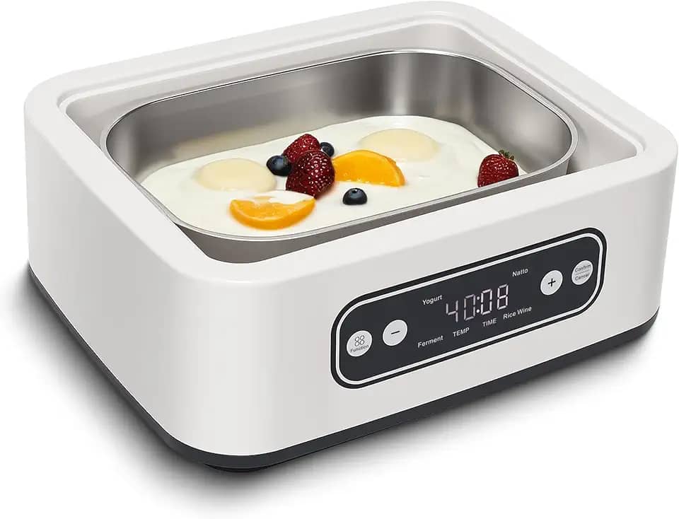 Máquina de iogurte de 1,7 litros com ajuste de temperatura (21°C-48°C/21.1 °C-47.8 °C) e tempo (1-99h), 110V-240V Auto-adaptável, pote interno de aço, livre de BPA, incremento Celsius, display LED de