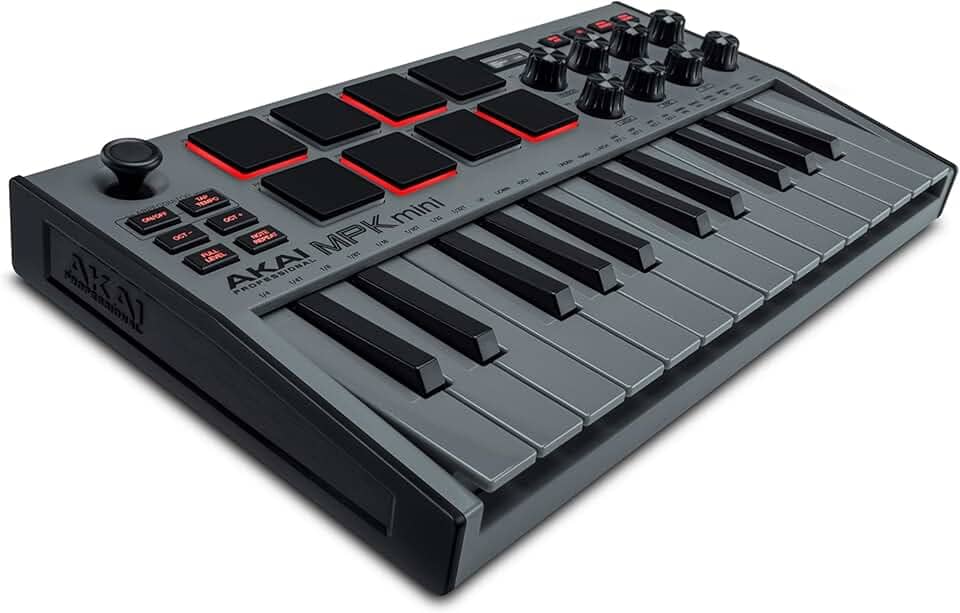 Akai Professional MPK Mini MK3 - Controlador de Teclado MIDI USB com 25 Teclas, 8 Pads de Bateria Iluminados, 8 Knobs, Software de Produção Musical e Pacote de Sons da Native Instruments, Cinzento