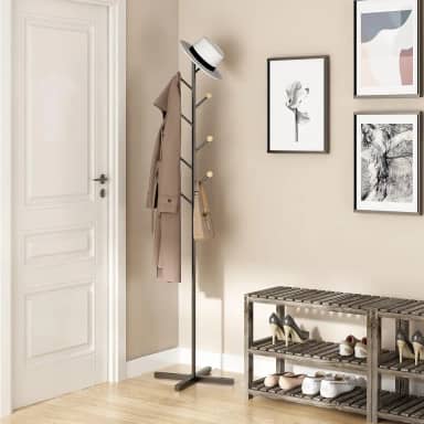 Cabideiro de Chão, Organizador de Roupas de Metal, Casacos, Bolsas, Cabide de Entrada, Adequado para Quartos, Salas de Estar e Entradas, Preto