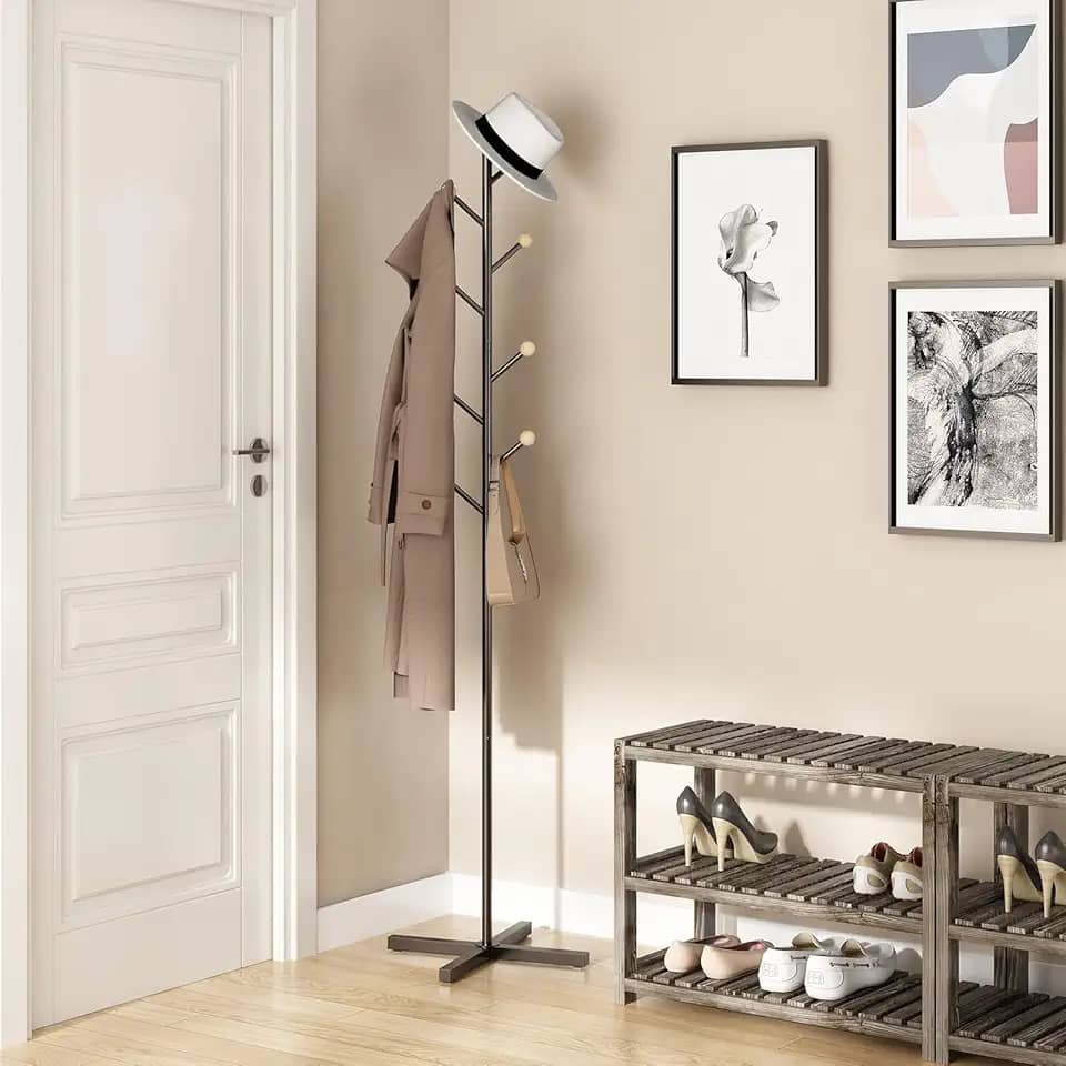 Cabideiro de Chão, Organizador de Roupas de Metal, Casacos, Bolsas, Cabide de Entrada, Adequado para Quartos, Salas de Estar e Entradas, Preto