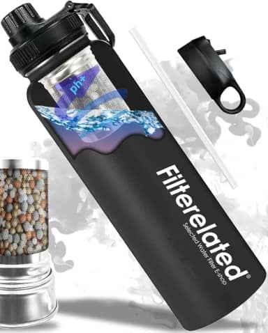 Filterelated Garrafa De Água Com Filtro Alcalino Portátil De Aço Inoxidável De 30 Onças, Cria Até 9+ Ph De Água De Qualidade, Garrafa De Água Para Viagens Esportivas, Remove Impurezas Da Água