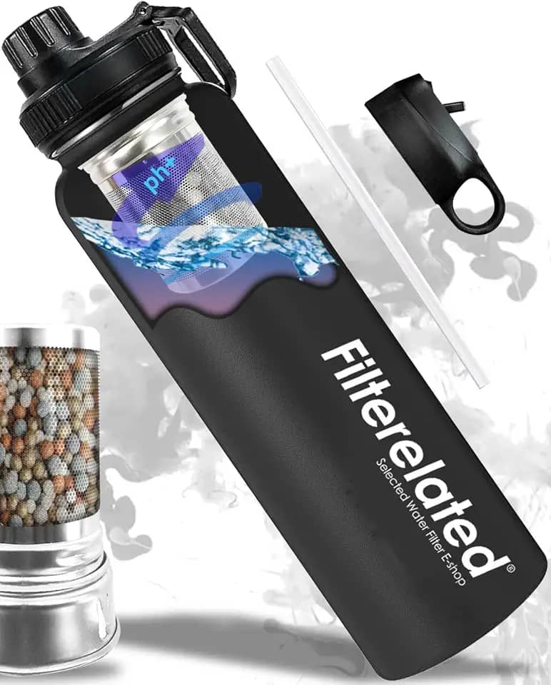Filterelated Garrafa De Água Com Filtro Alcalino Portátil De Aço Inoxidável De 30 Onças, Cria Até 9+ Ph De Água De Qualidade, Garrafa De Água Para Viagens Esportivas, Remove Impurezas Da Água