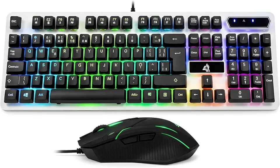 Kit Teclado e Mouse Gamer LED RGB Semi Mecânico, Teclas Suaves, Anti-Ghosting, Alta Precisão, USB Plug & Play, Compatível com PC, PS4, PS5, Xbox