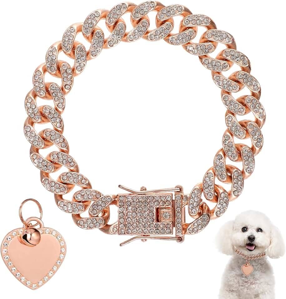 Colar de corrente de cachorro de 19 cm, colar de diamante em ouro rosa com etiqueta de cachorro em formato de coração com strass coleira de identificação de animal de estimação para cães pequenos