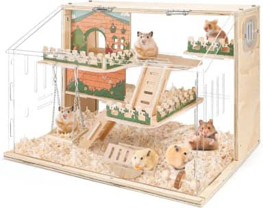 Gaiola de hamster de madeira grande, gaiola de acrílico de 3 camadas de 40,6 cm, gaiolas para animais pequenos com plataforma e cercadinho para observação direta, suprimentos para animais de estimação