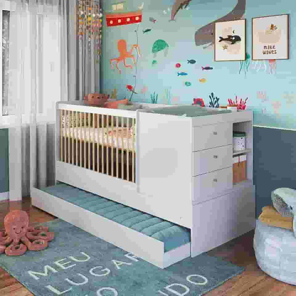 Berço Cama Multifuncional Completo com Cama Auxiliar Trocador 3 em 1 Branco