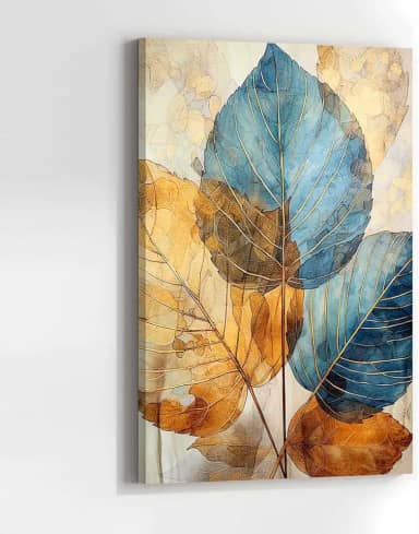 Quadros Decorativos Para Sala de Jantar Quarto Hall Folhas Clean Azul Dourado Quadro vertical