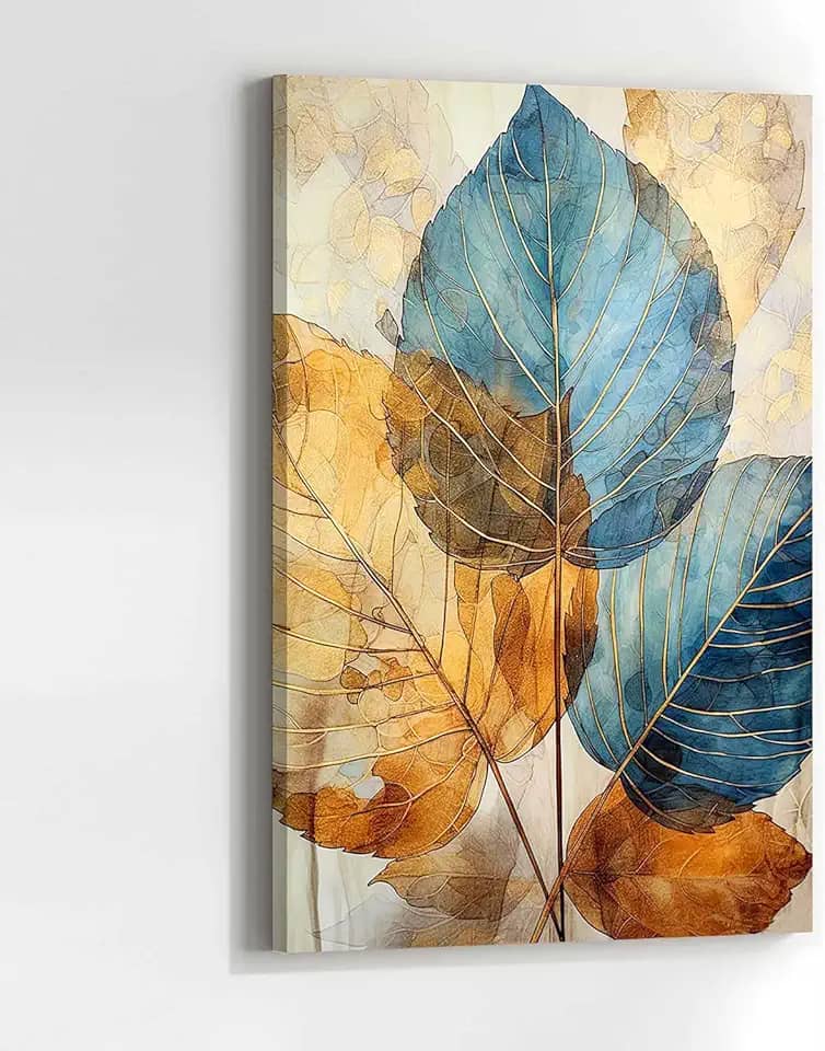 Quadros Decorativos Para Sala de Jantar Quarto Hall Folhas Clean Azul Dourado Quadro vertical