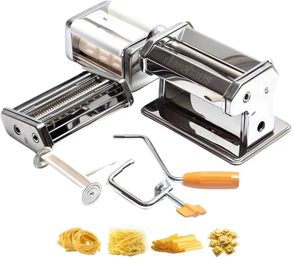 Máquina de Massas Manual de Aço Inoxidável - Prepara Ravioli, Talharim e Macarrão com 2 Moldes e Grampo Fixador