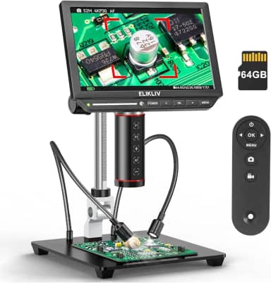 Elikliv Microscópio digital de foco automático 4K EM4K-AF, microscópio de solda de 52 MP para reparo de PCB, inspeção de moedas e relojoaria, lente de ampliação 2000X, tela IPS de 8 polegadas, saída