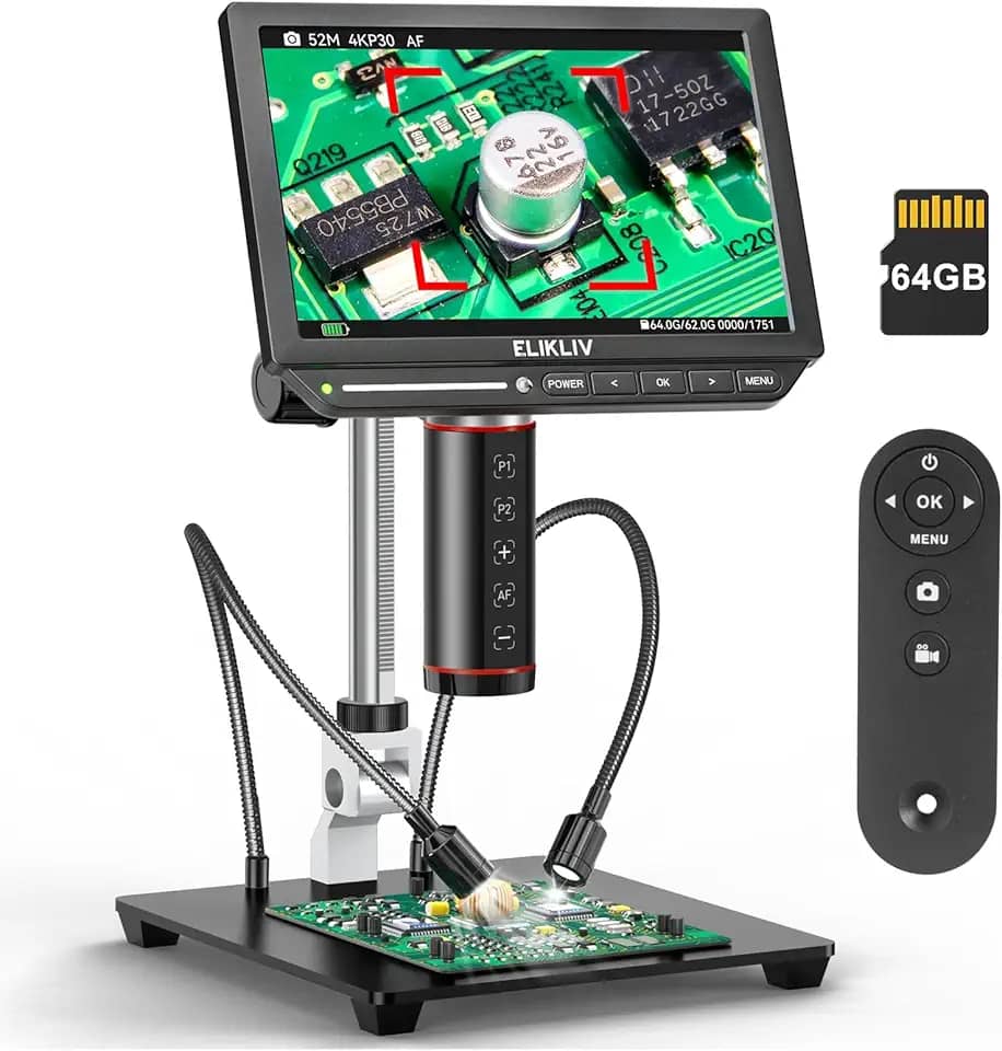 Elikliv Microscópio digital de foco automático 4K EM4K-AF, microscópio de solda de 52 MP para reparo de PCB, inspeção de moedas e relojoaria, lente de ampliação 2000X, tela IPS de 8 polegadas, saída