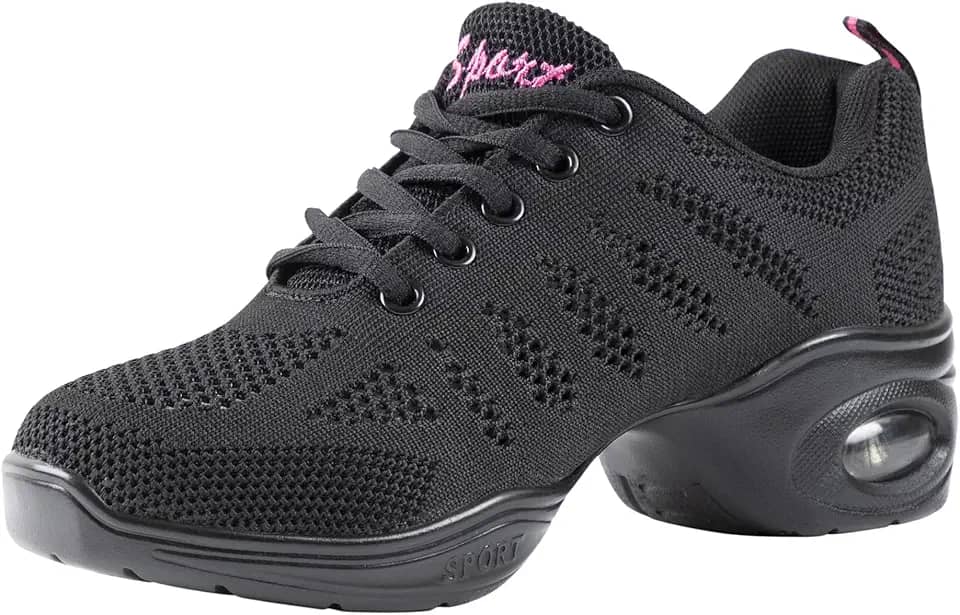 Tênis feminino de dança respirável com sola dividida e almofada de ar, jazz e caminhada, Preto, 37