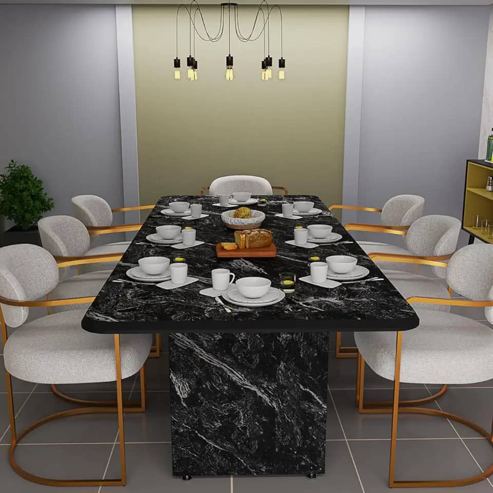 Mesa de Jantar com Tampo Estilo Mármore Estrutura Robusta e Resistente (PRETO/MÁRMORE)