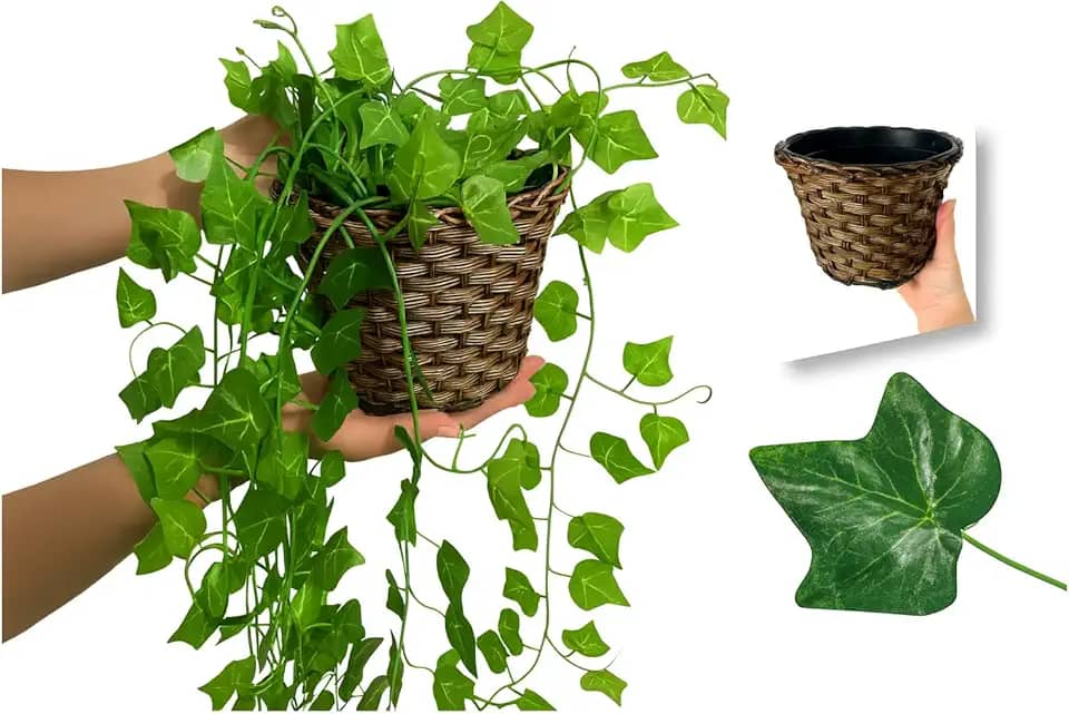 Arranjo C/ 3 Trepadeira + Vaso Trançado Marrom | Arranjo Trepadeira Artificial para Decorações | Plantas para Decoração de Casa, Sala De Estar, Casamento & Escritorio (Folhas de Hera)