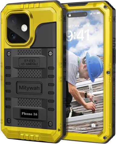 Mitywah Capa à prova d'água para iPhone 16, capa resistente à prova de choque com protetor de tela integrado, capa protetora de metal subaquática de corpo inteiro de 6,1 polegadas, amarela
