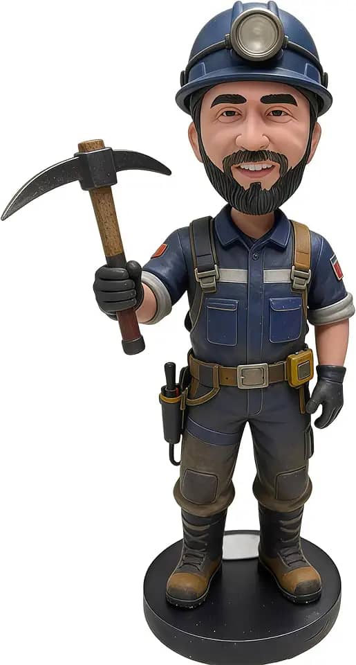 Bobblehead de mineiro personalizado - Estatueta personalizada feita à mão com chapéu duro e picareta, boneca de cabeça balança de rosto personalizado para trabalhadores de mineiros, presente exclusivo