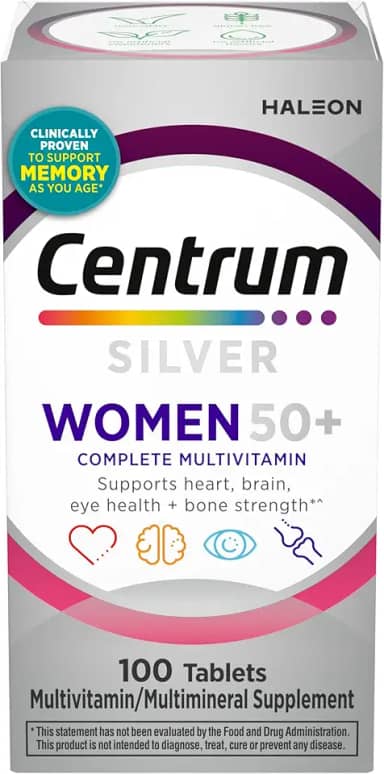 Centrum Multivitamínico feminino Silver 50 Plus, suplemento multivitamínico/multimineral com vitamina D3, vitaminas B, ingredientes não OGM, auxilia na memória e cognição em adultos mais velhos - 100