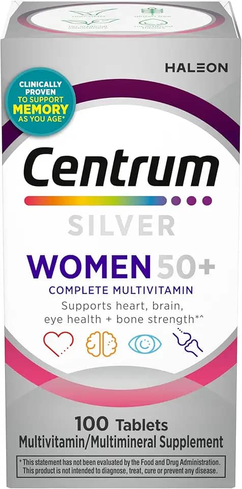 Centrum Multivitamínico feminino Silver 50 Plus, suplemento multivitamínico/multimineral com vitamina D3, vitaminas B, ingredientes não OGM, auxilia na memória e cognição em adultos mais velhos - 100