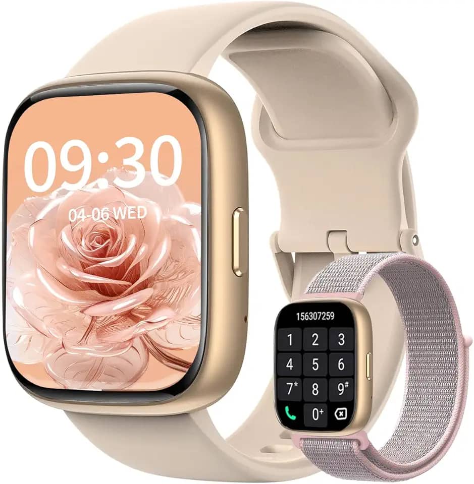 Relogio Smartwatch Feminino, Tela HD de 1,8' Relógio Smartwatch com Alexa,100 Esportes,Frequência Cardíaca e Monitoramento do Sono,IP68 à rova d'água, Compatível com Android iOS, 2 Pulseiras (Dourado)
