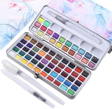 angwang Conjunto de tinta aquarela sólida com 72 cores, kit com 3 pincéis de pintura e estojo de metal portátil, para profissionais, iniciantes, estudantes, bloco de ferramentas de pintura de arte