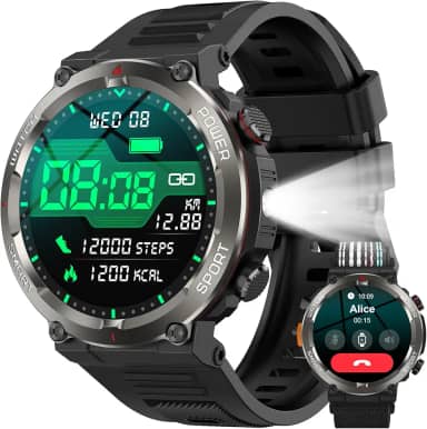 Smartwatch Militar Redondo 1.45' - Bateria 960mAh (30 Dias), Lanterna, Bússola, 120 Modos Esportivos, IP68, Chamadas Bluetooth - Android/iOS