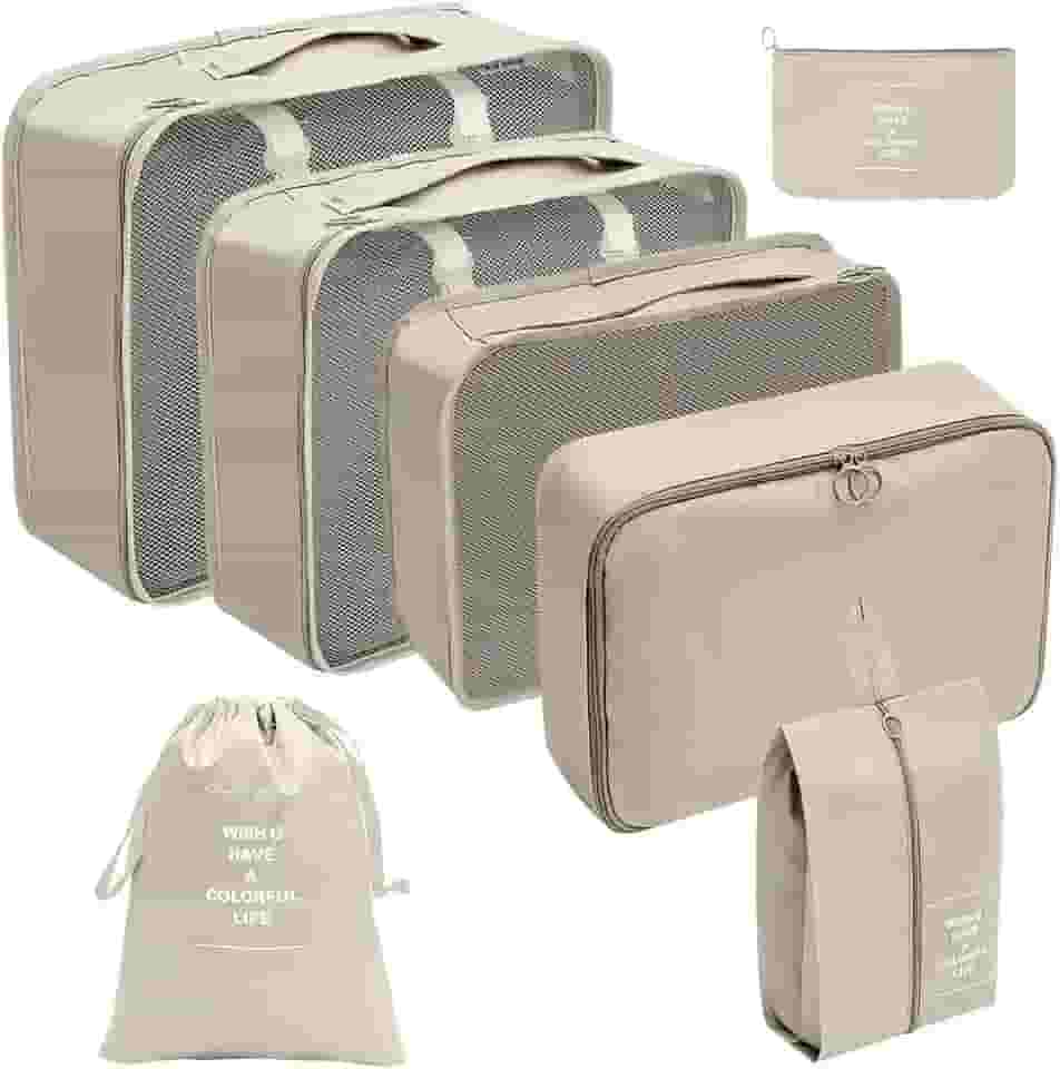Organizador Viagem Kit 7 Peças - Necessaire para Bagagem Malas Roupas Bolsa Cosméticos Higiene - Dobrável Impermeável Multiuso Feminina Masculina Unissex Grande Compacto Prático (BEGE)