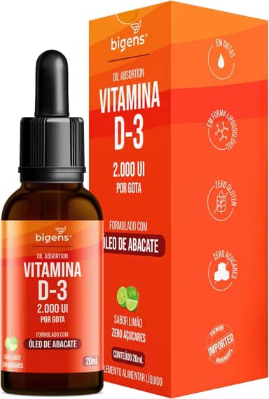 Vitamina D3 Liquida, 2000UI por gota, formlado com óleo de abacate, Sabor Limão, Unidade 20mL, Bigens (Unidade)