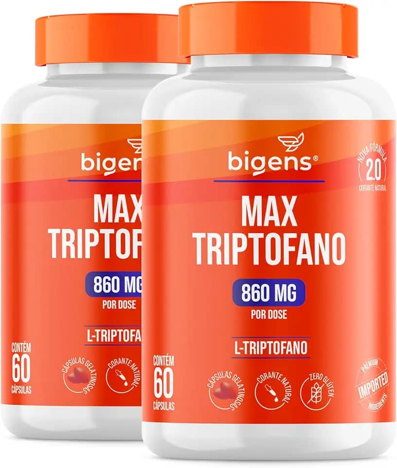 Max triptofano, 860mg L-triptogano, Bigens, Kit 2x 60 cápsulas