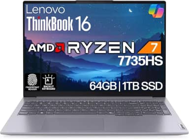Lenovo ThinkBook 16 G7 Business Laptop, 40.6 cm FHD+, AMD Ryzen 7 7735HS, 64GB DDR5, 1TB NVMe, WiFi 6E + BT, Backlit KB, leitor de impressão digital, webcam HD, Win 11 Pro