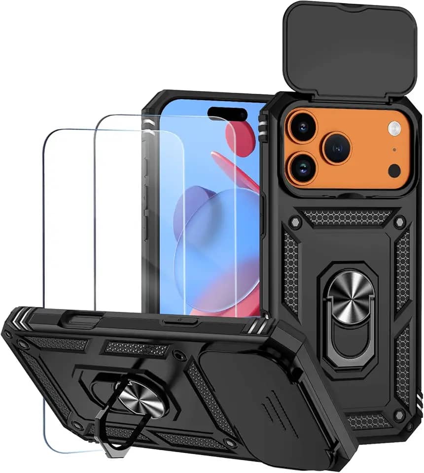 Capa para iPhone 17 Pro Max Capinha | com 2 peças de protetor de tela temperado com janela deslizante da câmera e suporte para telefone incluídos - Preto