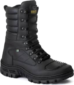 Bota Masculina Couro Preta Tratorada Cano Longo Alto Coturno Vigilante Militar Tático Moto Motociclista Motoqueiro Com Zíper Para Trabalho Trilha Bico Reforçado Resistente