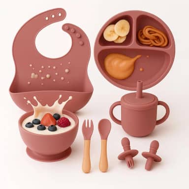 Kit Introdução Alimentar Prato com Divisórias de Silicone Com Ventosa 8 Peças, Copo com Bico, kit Talheres, Colheres e garfos com ponta de silicone, Tigela e Babador (Vinho)