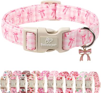 Babole Pet Coleira de cachorro para cães pequenos – Linda coleira rosa xadrez e laço com estampa de laço, coleira macia ajustável para cães fêmeas com fivela de liberação rápida P