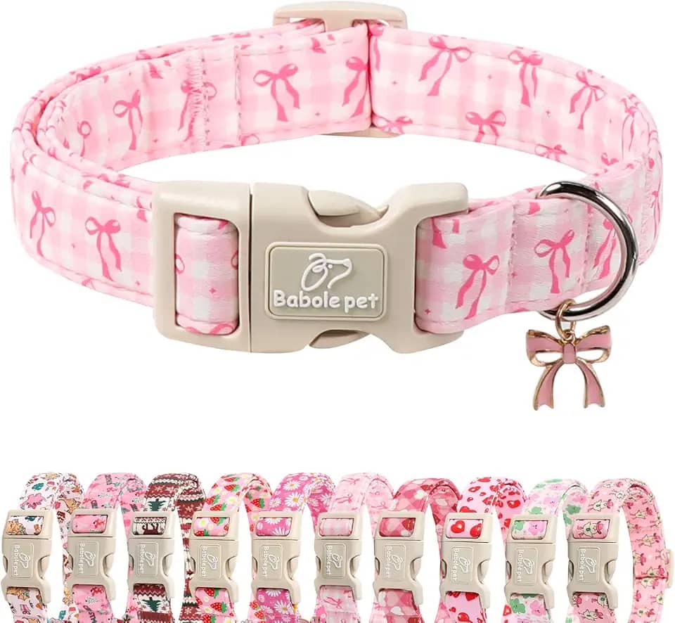 Babole Pet Coleira de cachorro para cães pequenos – Linda coleira rosa xadrez e laço com estampa de laço, coleira macia ajustável para cães fêmeas com fivela de liberação rápida P