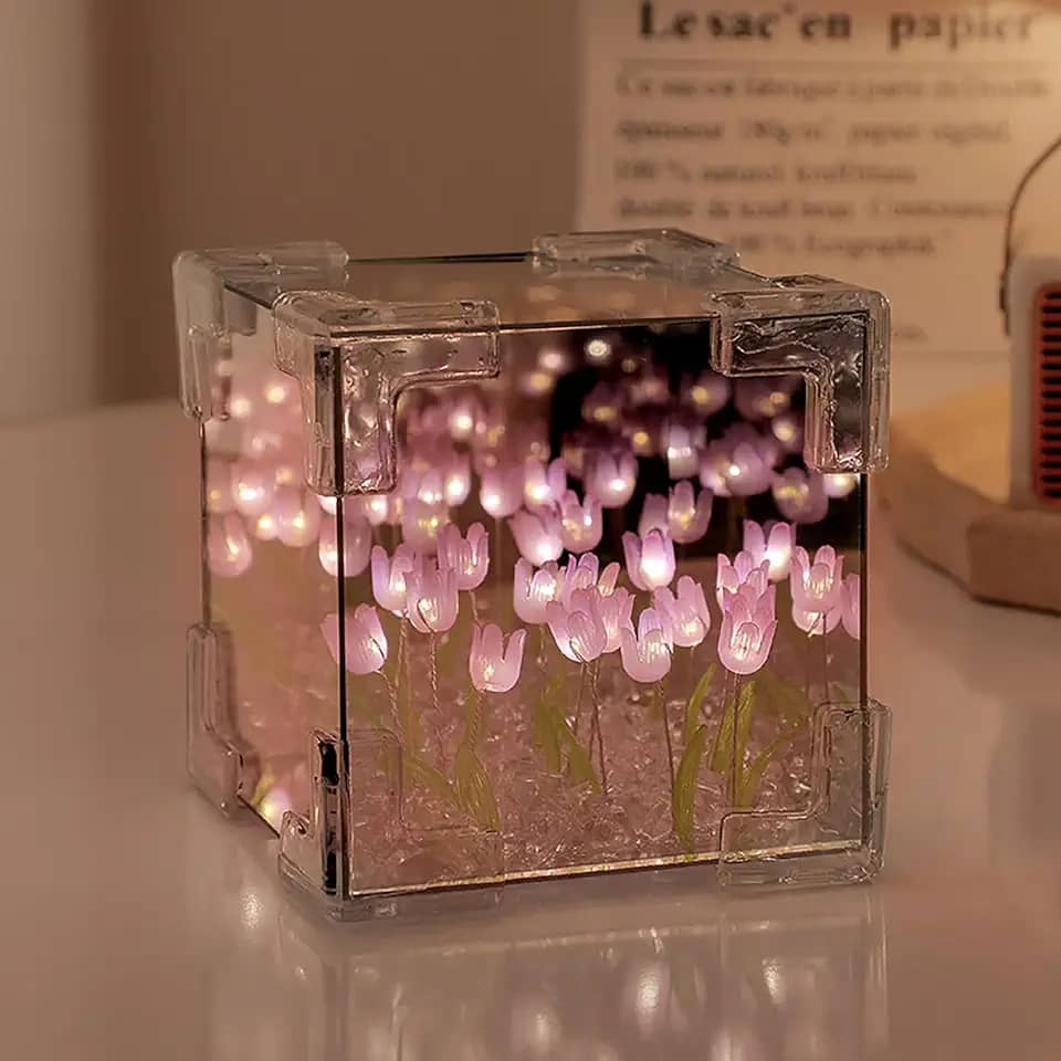 keeda Luminária de Tulipa Cubo Acabado Espelho LED Artesanal Simulada Tulipa Luminária de Mesa DIY Cubo Mágico Criativo Espelho Luz Noturna Lâmpada Tulipa para Dia dos Namorados Aniversário (roxo,