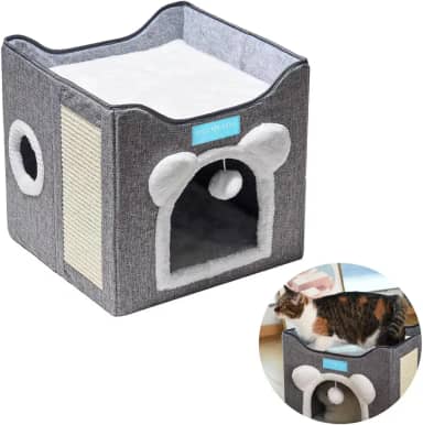 Casa Cama para Gatos Pet 2x1 Toca 2 Andares Dobravel Ninho Brinquedo Arranhador Cinza - Duke & Dixie