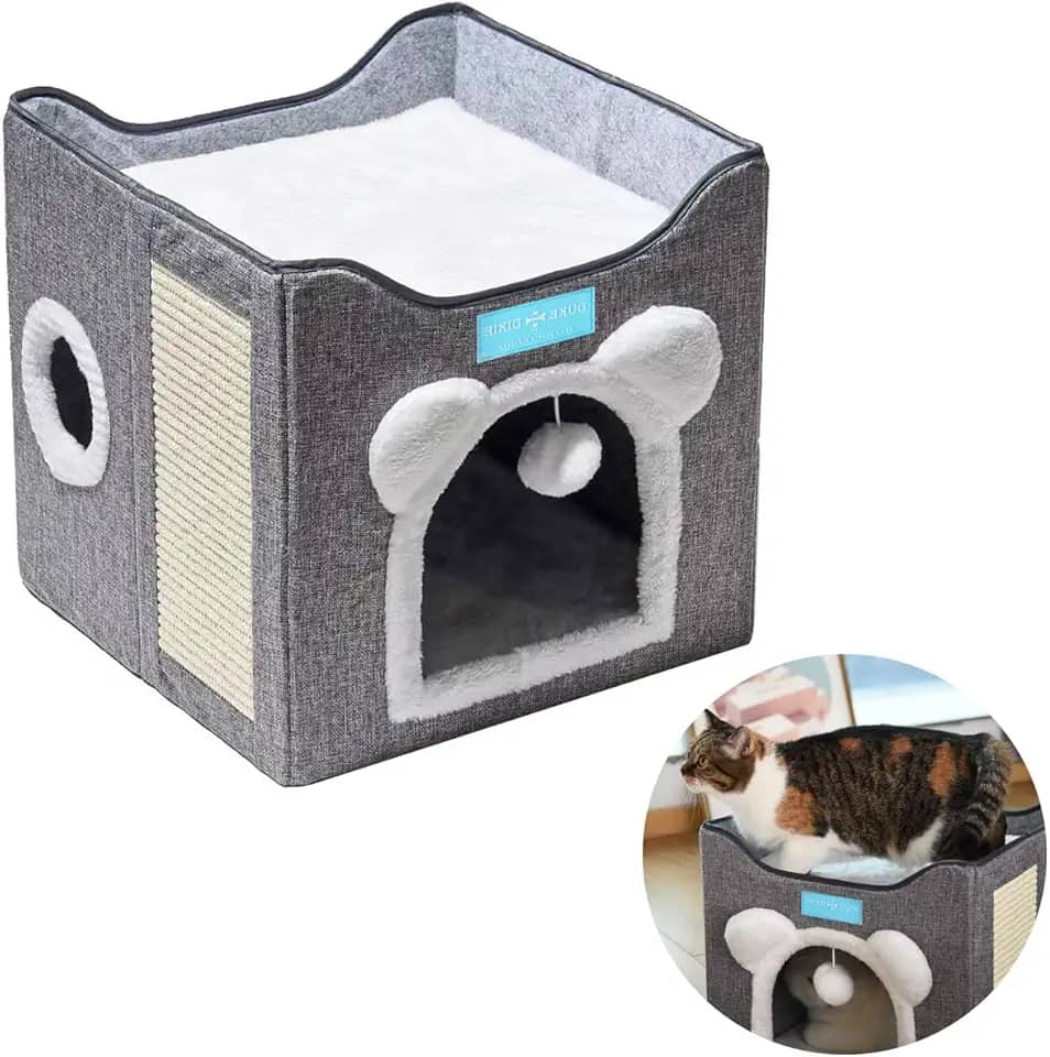 Casa Cama para Gatos Pet 2x1 Toca 2 Andares Dobravel Ninho Brinquedo Arranhador Cinza - Duke & Dixie