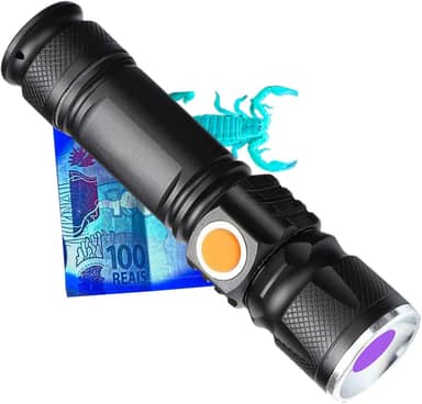 Lanterna de Luz Negra UV - LED Ultravioleta – Detecta Mofo, Escorpiões, Urina de Pet Gatos Cachorros, Marca de Segurança em Cédulas, Tintas Invisíveis. Recarregável e Resistênte à Água