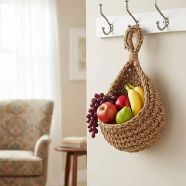Cesto de frutas Boho para pendurar na parede — organizador de produtos de parede para pendurar na parede, despensa de cozinha, armazenamento de parede para casa