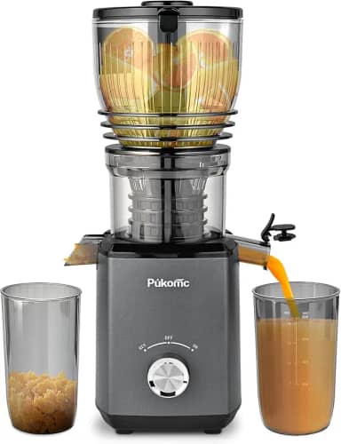 Pukomc Espremedor a frio, extrator de suco de calha de alimentação de 14,7 cm de largura com 300 W, espremedor de mastigação lenta para vegetais e frutas inteiras, alto rendimento de suco, fácil de