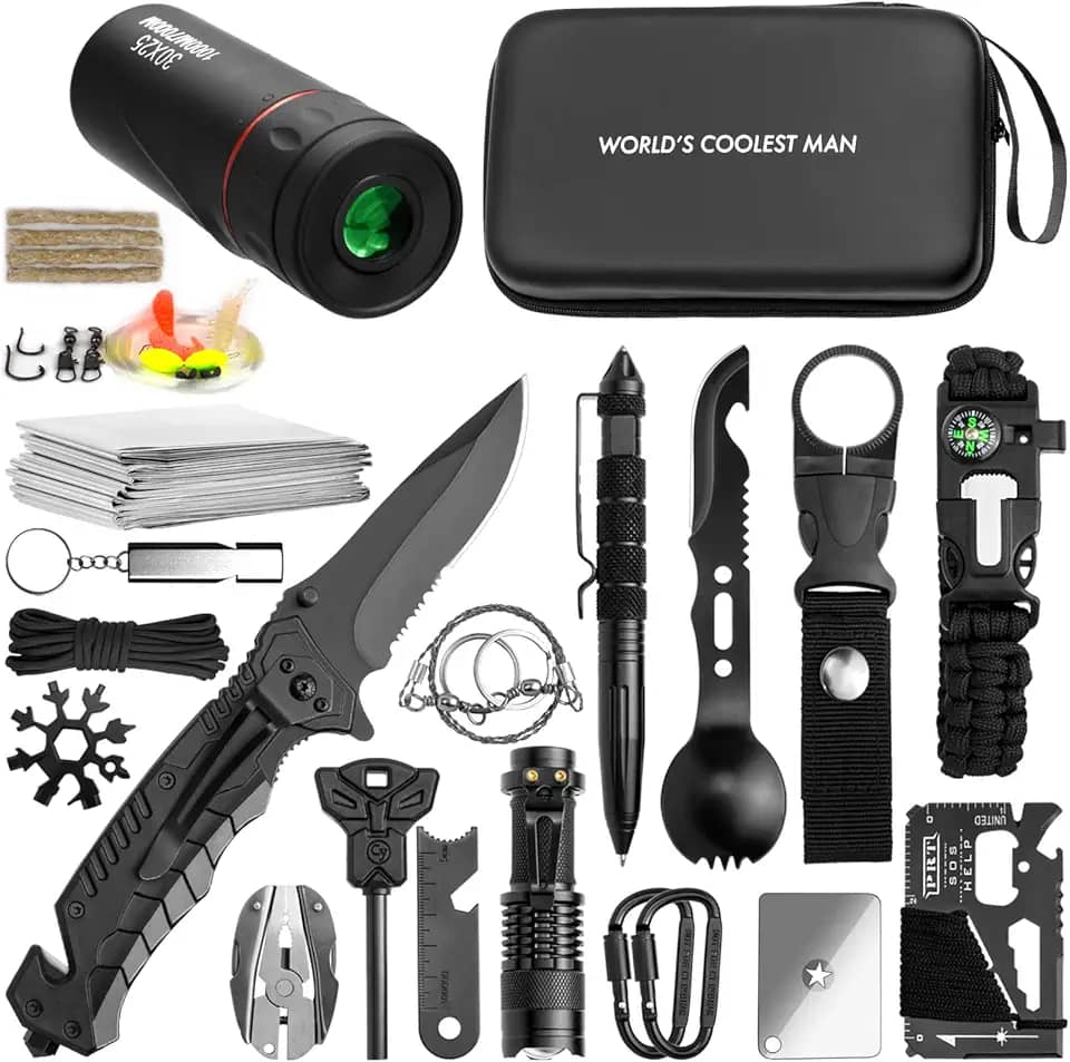 Kit de sobrevivência de emergência, presentes para homens, marido, pai, equipamento de sobrevivência 34 em 1 para acampamento, trilhas, aventuras ao ar livre, aniversário, Natal, para homens,