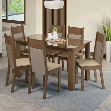 Conjunto Sala de Jantar Mesa Tampo de Vidro 6 Cadeiras Rustic/crema/bege Dora Madesa
