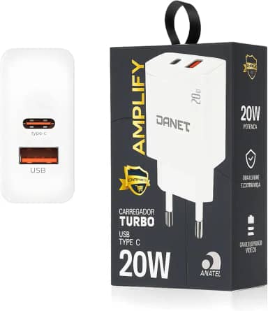 Carregador de Parede Duplo Amplify PD 20W Turbo com Saídas USB-C e USB-A Bivolt - Danet