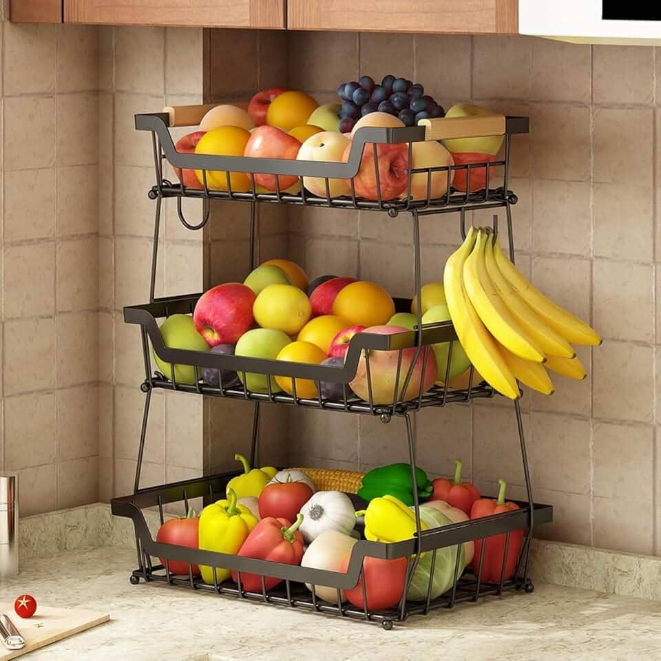 Fruteira De Mesa Organizador De Frutas, Cesto de Frutas de Metal de 3 Níveis, Cesta de Armazenamento de Frutas de 3 Níveis com Alça, Fruteira de Cozinha para Armazenar Verduras e Frutas