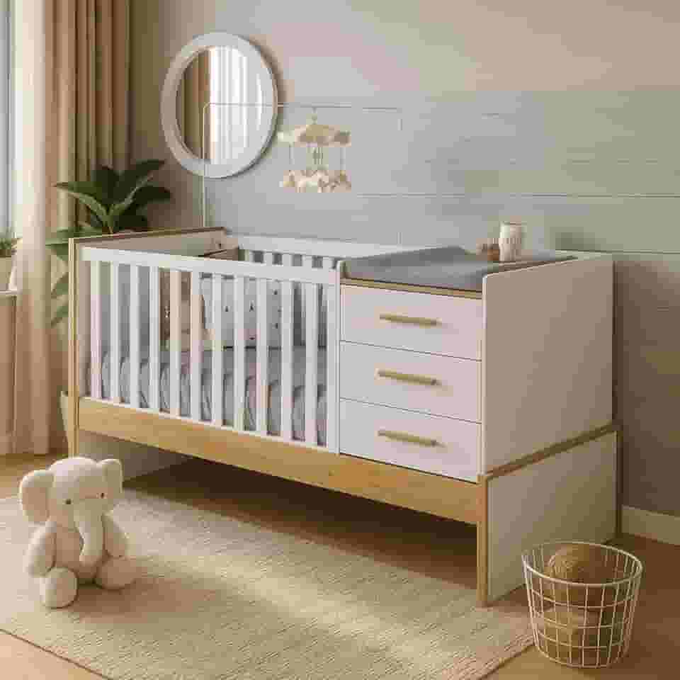 Berço Cama Cômoda Trocador MDF Multifuncional 5 em 1 Baú Organizador Vira Cama Solteiro (Branco com Amêndoa)