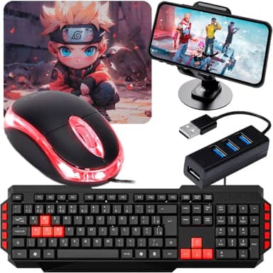 Kit Gamer Mobilador Completo Com Teclado 3 Cores + Mouse Óptico + Suporte Celular + Hub usb 4 Portas + Conector OTG (Teclado Vermelho/Tipo C)