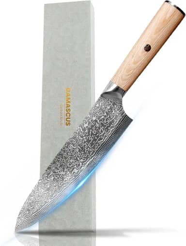 Diagsh Faca de chef japonesa de 20 cm - faca de cozinha de aço damasco de 67 camadas de 2 mm, lâmina profissional afiada para carne, sushi e legumes com cabo ergonômico de madeira e caixa de presente