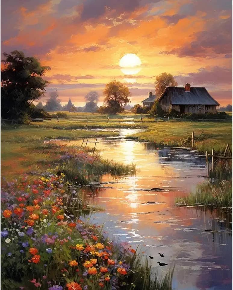 Kit de pintura por números para adultos iniciantes, pôr do sol do campo kits de pintura por números em tela sem moldura, tinta a óleo de cabine ribeirinha por números para presente de decoração de